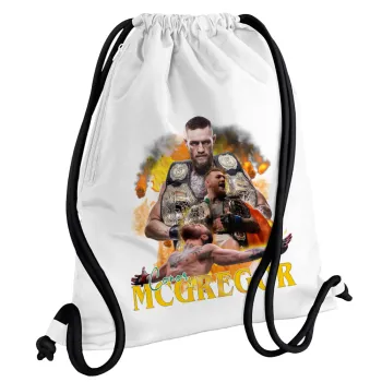Conor McGregor Notorious, Τσάντα πλάτης πουγκί GYMBAG λευκή, με τσέπη (40x48cm) & χονδρά κορδόνια