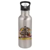 Water bottle Silver with straw, stainless steel 600ml