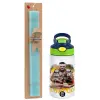 Easter Set, Children's thermal stainless steel bottle with safety straw, green/blue (350ml) & aromatic flat Easter candle (30cm) (TURQUOISE)