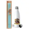 Easter Set, metallic stainless steel water bottle (750ml) & aromatic flat Easter candle (30cm) (TURQUOISE)