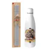 Easter Set, metallic stainless thermos bottle (500ml) & scented flat Easter candle (30cm) (GRAY)