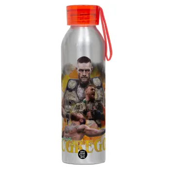 Conor McGregor Notorious, Αλουμινένιο Αθλητικό Μπουκάλι 650ml – Ασημί με Κόκκινο Καπάκι και Λουράκι Σιλικόνης