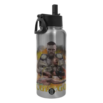 Conor McGregor Notorious, Μεταλλικό παγούρι θερμός Silver με καλαμάκι και χερούλι (Stainless steel), διπλού τοιχώματος, 950ml