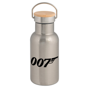 James Bond 007, Μεταλλικό παγούρι θερμός (Stainless steel) Ασημένιο με ξύλινο καπακι (bamboo), διπλού τοιχώματος, 350ml