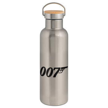 James Bond 007, Μεταλλικό παγούρι θερμός (Stainless steel) Ασημένιο με ξύλινο καπακι (bamboo), διπλού τοιχώματος, 750ml