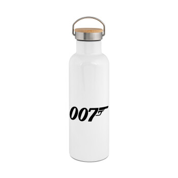 James Bond 007, Μεταλλικό παγούρι θερμός (Stainless steel) Λευκό με ξύλινο καπακι (bamboo), διπλού τοιχώματος, 750ml