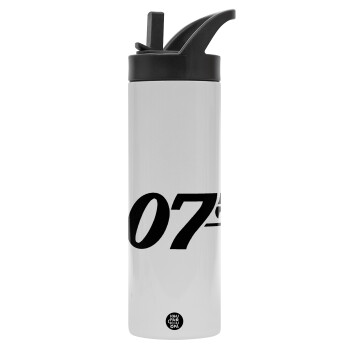 James Bond 007, Μεταλλικό παγούρι θερμός με καλαμάκι & χειρολαβή, ανοξείδωτο ατσάλι (Stainless steel 304), διπλού τοιχώματος, 600ml