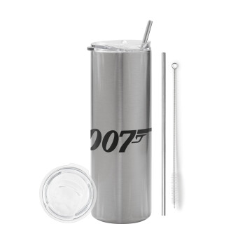 James Bond 007, Eco friendly ποτήρι θερμό Ασημένιο (tumbler) από ανοξείδωτο ατσάλι 600ml, με μεταλλικό καλαμάκι & βούρτσα καθαρισμού