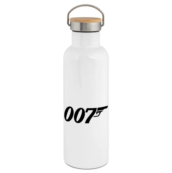 James Bond 007 — Μεταλλικό παγούρι θερμός (Stainless steel) Λευκό με ξύλινο καπάκι (bamboo), διπλού τοιχώματος, 750ml