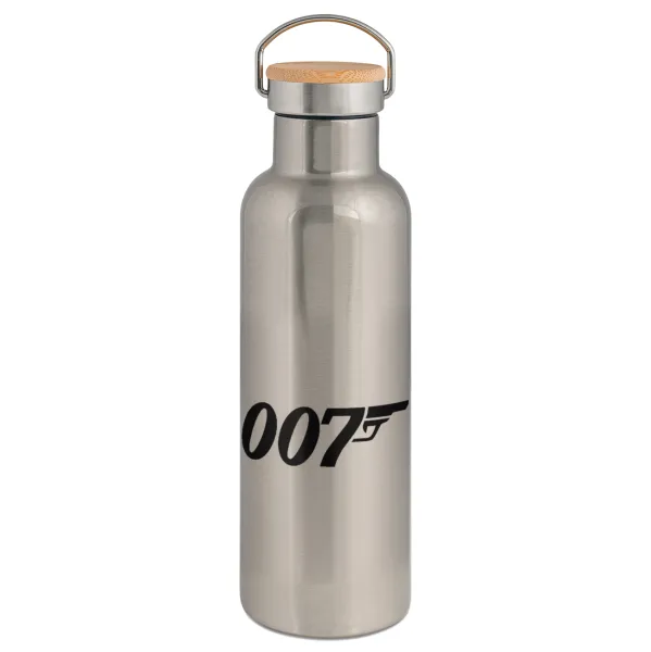 James Bond 007 — Stainless steel Silver with wooden lid (bamboo), double wall, 750ml