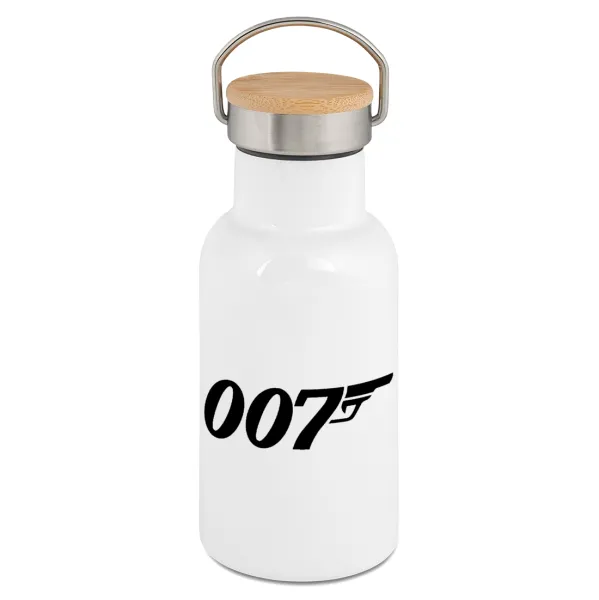 James Bond 007 — Metallic thermos (Stainless steel) White with wooden lid (bamboo), double-walled, 350ml
