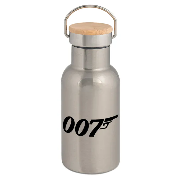 James Bond 007 — Stainless steel metallic thermos flask, silver with a bamboo lid, double-walled, 350ml.