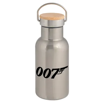 James Bond 007, Stainless steel metallic thermos flask, silver with a bamboo lid, double-walled, 350ml.