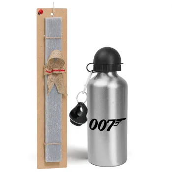 James Bond 007, Easter Set, metallic silver aluminum water bottle (500ml) & aromatic flat Easter candle (30cm) (GRAY)