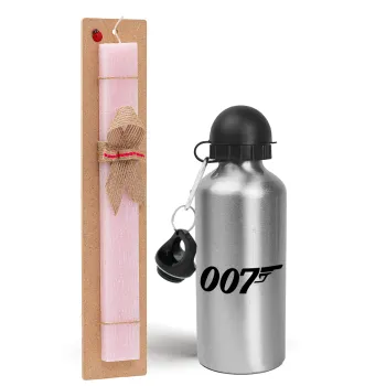 James Bond 007, Easter Set, metallic Silver aluminum water bottle (500ml) & scented flat Easter candle (30cm) (PINK)