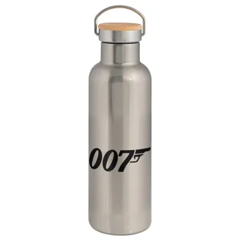James Bond 007, Μεταλλικό παγούρι θερμός (Stainless steel) Ασημένιο με ξύλινο καπακι (bamboo), διπλού τοιχώματος, 750ml