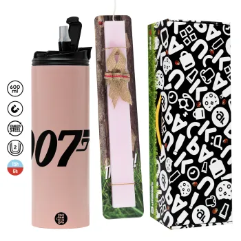 James Bond 007, Πασχαλινή Λαμπάδα με  ΡΟΖ Travel Tumbler θερμό (600ml, BPA free) & κερί αρωματικό πλακέ (30cm) (ΡΟΖ)
