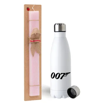 James Bond 007, Easter Set, metallic stainless steel water bottle (750ml) & scented flat Easter candle (30cm) (PINK)