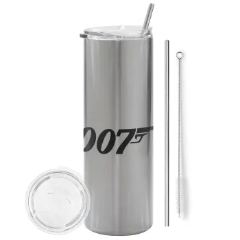 James Bond 007, Tumbler ποτήρι θερμό Ασημένιο από ανοξείδωτο ατσάλι 600ml, με μεταλλικό καλαμάκι & βούρτσα καθαρισμού