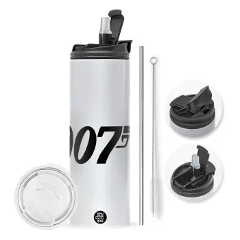 James Bond 007, Travel Tumbler 2 Lids, with metal straw & cleaning brush (Stainless steel 304 Food grade, BPA free, 600ml)