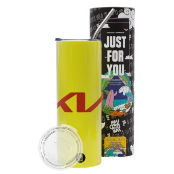 KIA, Neon Yellow Travel Tumbler θερμό, μεταλλικό καλαμάκι(Ανωξείδωτο 304 Food grade, BPA free, 600ml)