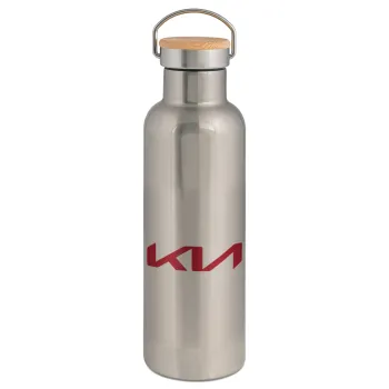 KIA, Μεταλλικό παγούρι θερμός (Stainless steel) Ασημένιο με ξύλινο καπακι (bamboo), διπλού τοιχώματος, 750ml