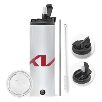 KIA, Travel Tumbler θερμό με διπλό καπάκι, μεταλλικό καλαμάκι και βούρτσα καθαρισμού (Ανωξείδωτο 304 Food grade, BPA free, 600ml)