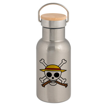 Onepiece skull, Stainless steel metallic thermos flask, silver with a bamboo lid, double-walled, 350ml.