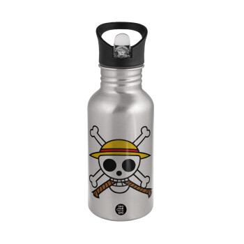 Onepiece skull, Water bottle Silver with straw, stainless steel 500ml
