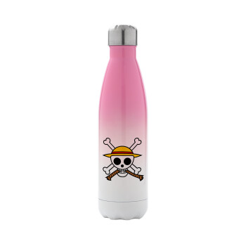 Onepiece skull, Metal mug thermos Pink/White (Stainless steel), double wall, 500ml