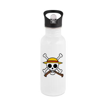 Onepiece skull, White water bottle with straw, stainless steel 600ml