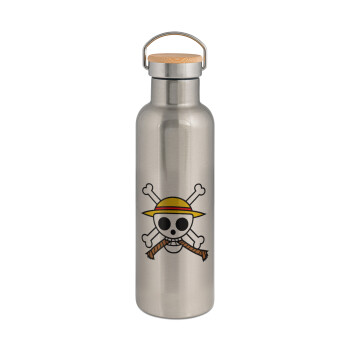 Onepiece skull, Stainless steel Silver with wooden lid (bamboo), double wall, 750ml