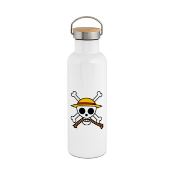 Onepiece skull, Stainless steel White with wooden lid (bamboo), double wall, 750ml