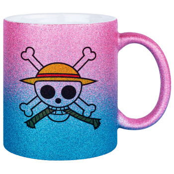 Onepiece skull, Κούπα Χρυσή/Μπλε Glitter, κεραμική, 330ml