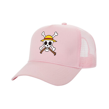 Onepiece skull, Καπέλο Ενηλίκων Structured Trucker, με Δίχτυ, ΡΟΖ (100% ΒΑΜΒΑΚΕΡΟ, ΕΝΗΛΙΚΩΝ, UNISEX, ONE SIZE)