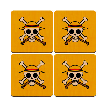 Onepiece skull, ΣΕΤ x4 Σουβέρ ξύλινα τετράγωνα plywood (9cm)