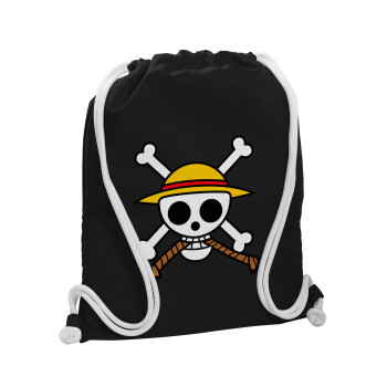 Onepiece skull, Backpack pouch GYMBAG Black, with pocket (40x48cm) & thick white cords