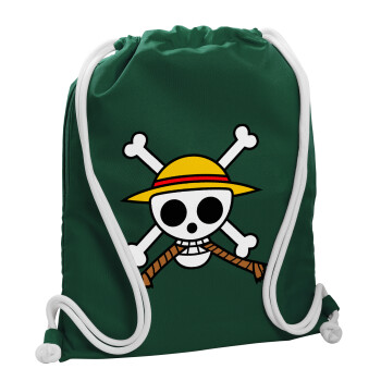 Onepiece skull, Τσάντα πλάτης πουγκί GYMBAG BOTTLE GREEN, με τσέπη (40x48cm) & χονδρά λευκά κορδόνια