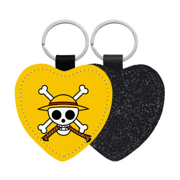 Onepiece skull, Μπρελόκ PU δερμάτινο glitter καρδιά ΜΑΥΡΟ