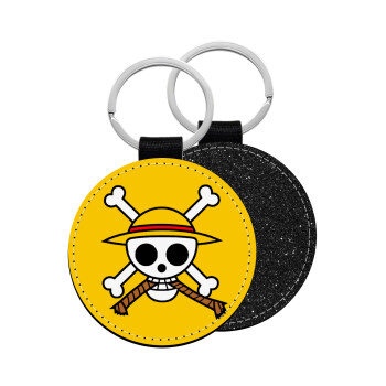 Onepiece skull, Μπρελόκ Δερματίνη, στρογγυλό ΜΑΥΡΟ (5cm)
