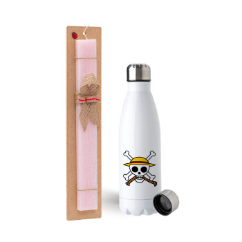 Onepiece skull, Easter Set, metallic stainless steel water bottle (750ml) & scented flat Easter candle (30cm) (PINK)