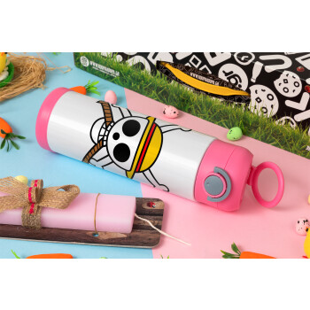 Onepiece skull, Πασχαλινή Λαμπάδα με Παιδικό παγούρι θερμό, ανοξείδωτο, με καλαμάκι ασφαλείας, ΡΟΖ (500ml)