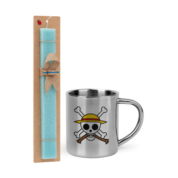 Onepiece skull, Easter Set, metallic thermal cup (300ml) & aromatic flat Easter candle (30cm) (TURQUOISE)