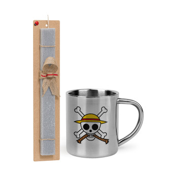 Onepiece skull, Easter Set, metallic thermal cup (300ml) & Easter aromatic flat candle (30cm) (GRAY)