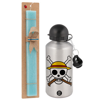 Onepiece skull, Easter Set, metallic silver aluminum water bottle (500ml) & scented flat Easter candle (30cm) (TURQUOISE)