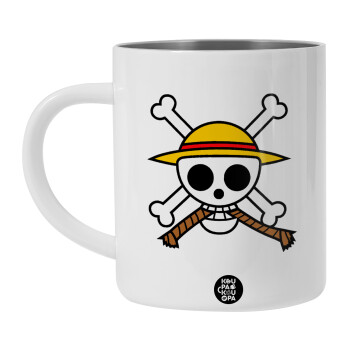Onepiece skull, Λευκή Ανοξείδωτη Μεταλλική Κούπα 450ml - Διπλού Τοιχώματος 
