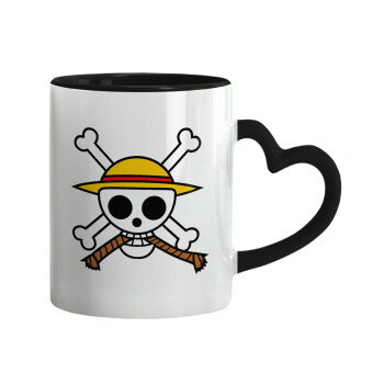 Onepiece skull, Κούπα καρδιά χερούλι μαύρη, κεραμική, 330ml