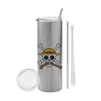 Onepiece skull, Eco friendly stainless steel Silver tumbler 600ml, with metal straw & cleaning brush