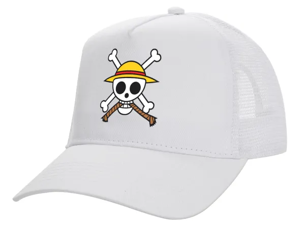 Onepiece skull — Καπέλο Ενηλίκων Structured Trucker, με Δίχτυ, ΛΕΥΚΟ (100% ΒΑΜΒΑΚΕΡΟ, ΕΝΗΛΙΚΩΝ, UNISEX, ONE SIZE)