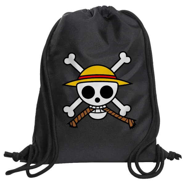 Onepiece skull — Τσάντα πλάτης πουγκί GYMBAG Μαύρη, με τσέπη (40x48cm) & χονδρά κορδόνια